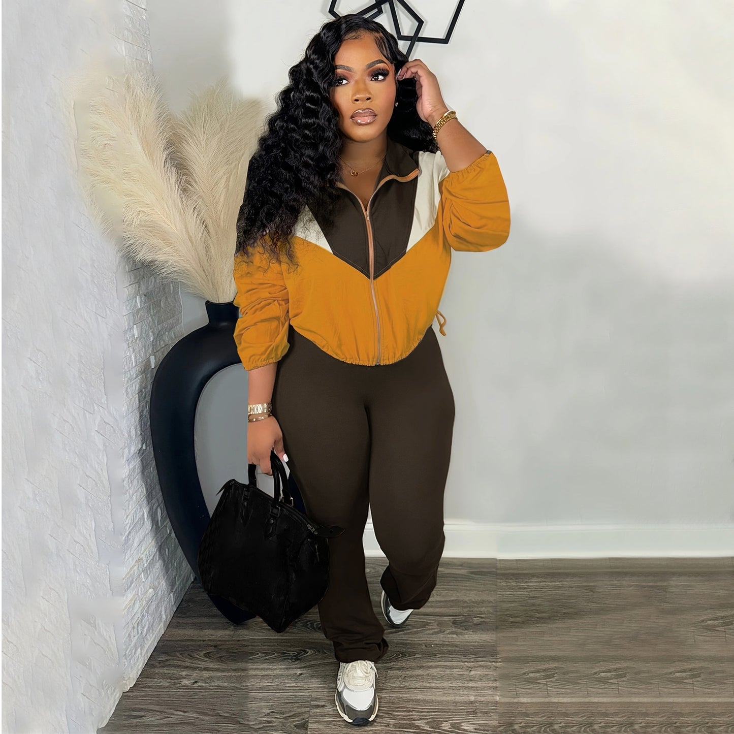 Plush suit color matching zipper cardigan leggings sports suit