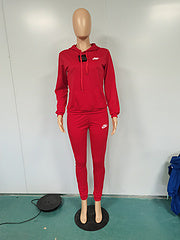 New European and American women's fashion casual hooded embroidered two-piece suit