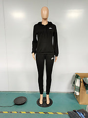 New European and American women's fashion casual hooded embroidered two-piece suit