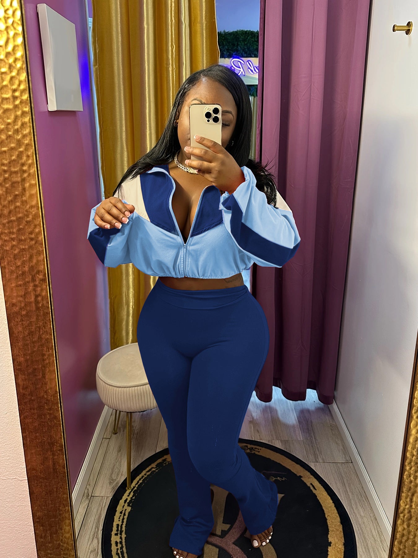 Plush suit color matching zipper cardigan leggings sports suit