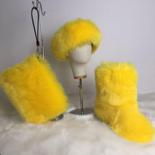 Women's furry snow boots, clutch bag, plush hairband, headgear, 3-piece set, multiple colors available