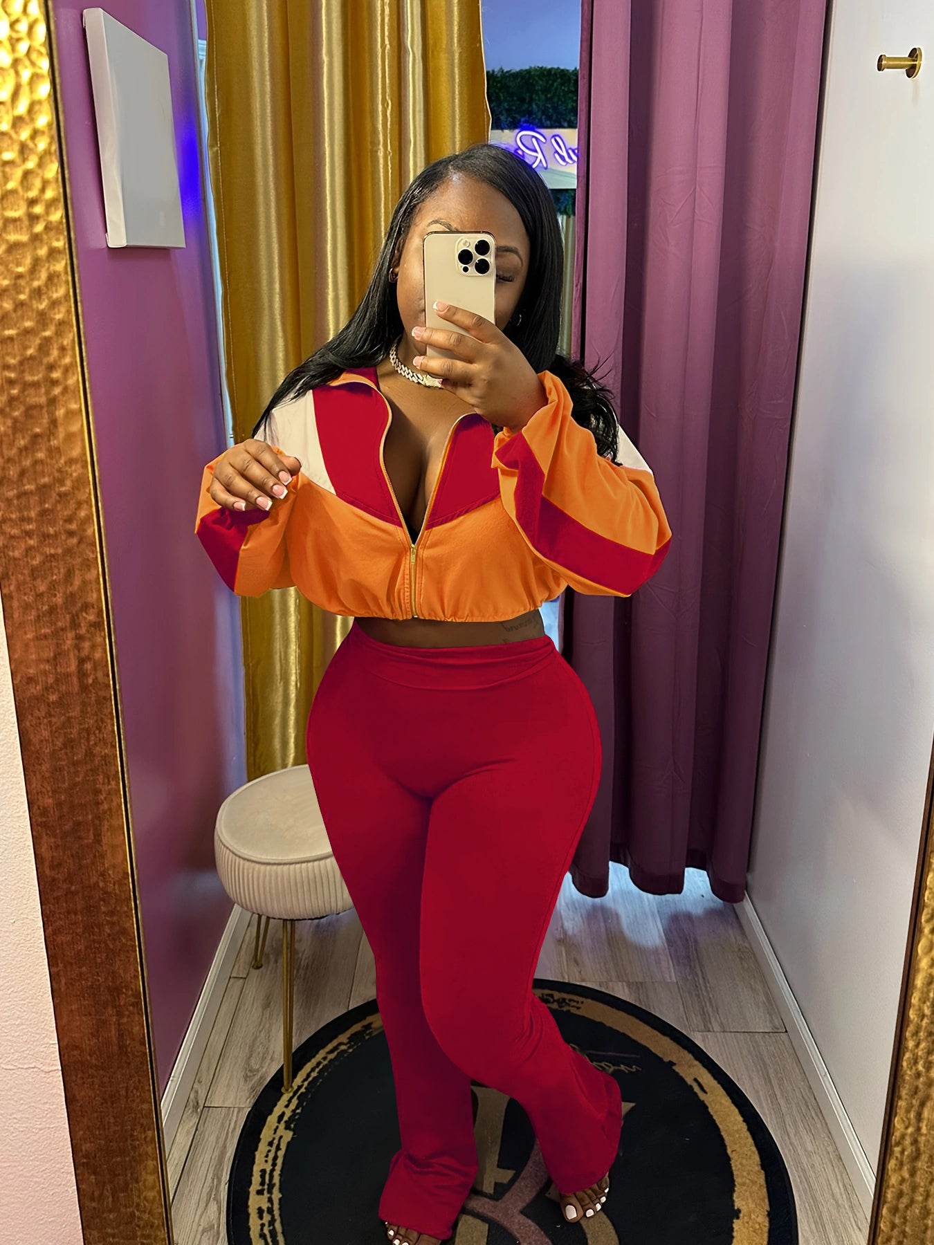 Plush suit color matching zipper cardigan leggings sports suit