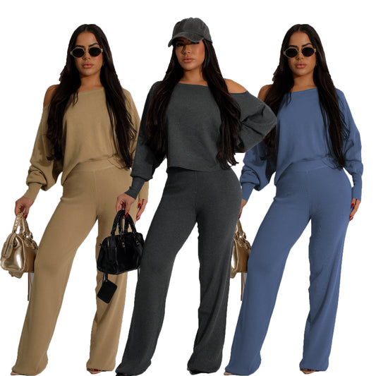 Solid color thickened sweater fashion casual loose shoulder lazy suit for women