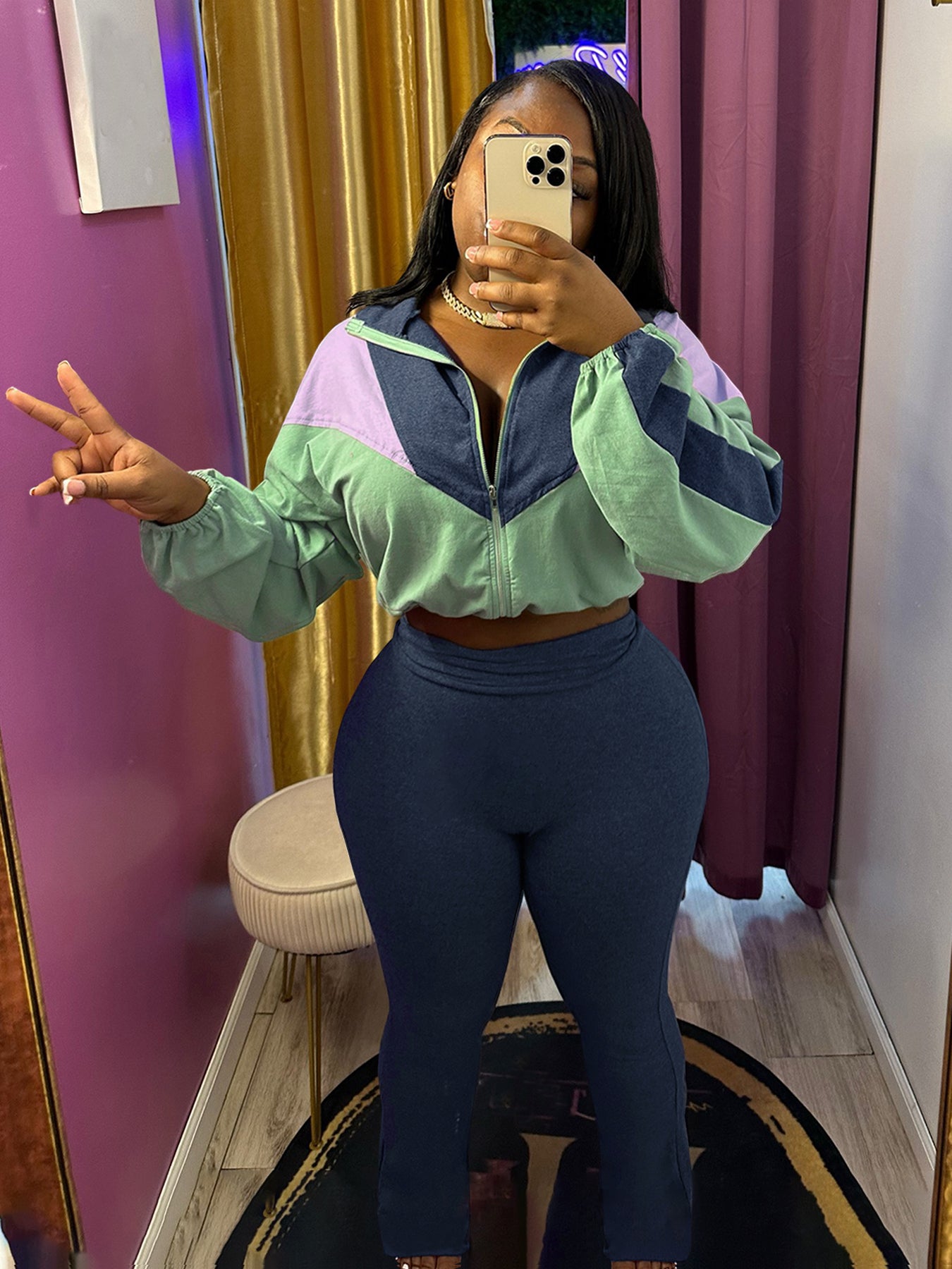 Plush suit color matching zipper cardigan leggings sports suit