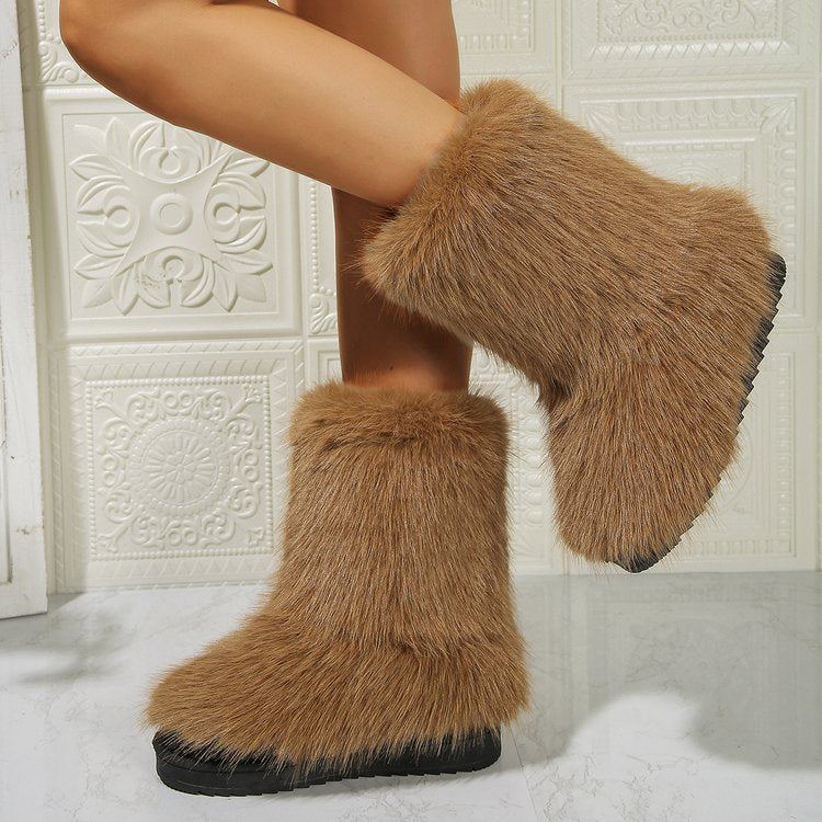 2024 autumn and winter new large size women's high snow boots round head Roman style personality fur