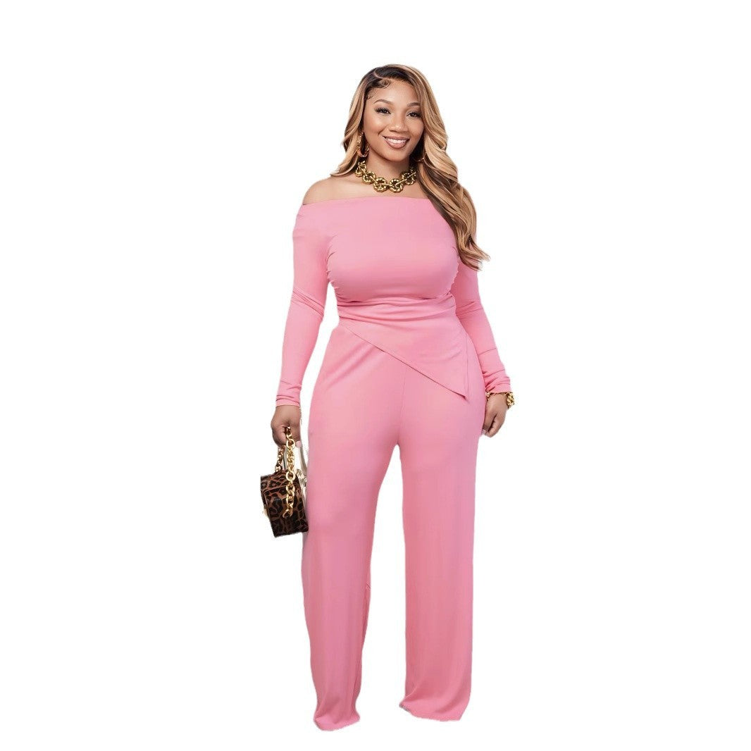 Fashion solid color irregular off-shoulder one-shoulder suit pants slim fit casual two-piece suit