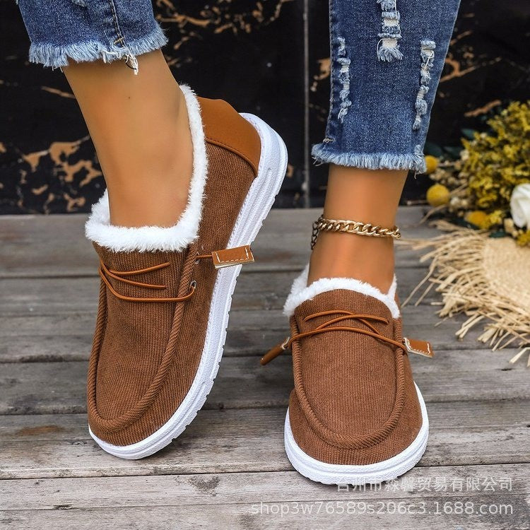 Large size women's shoes 2024 autumn new low-top round toe plus velvet single shoes casual women's shoes