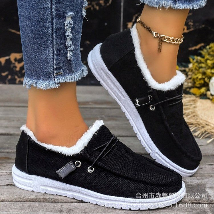 Large size women's shoes 2024 autumn new low-top round toe plus velvet single shoes casual women's shoes