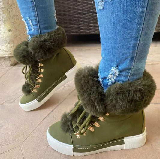 Winter short-tube long fur leather snow boots for women large size plus velvet thickened Martin boots cotton boots