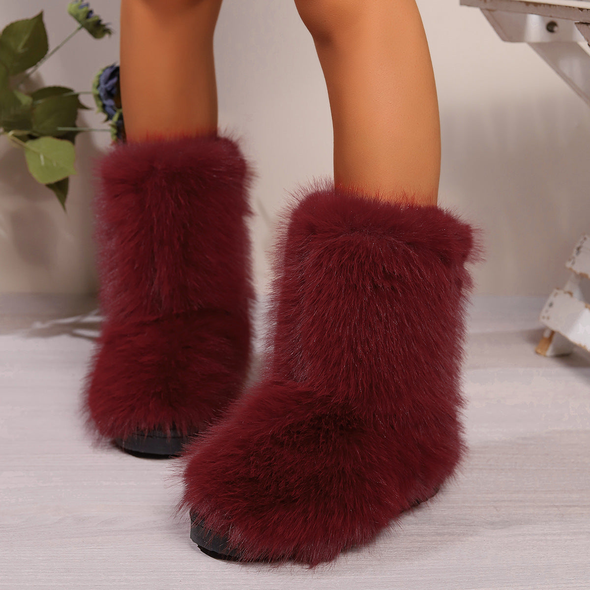 2024 autumn and winter new large size women's high snow boots round head Roman style personality fur