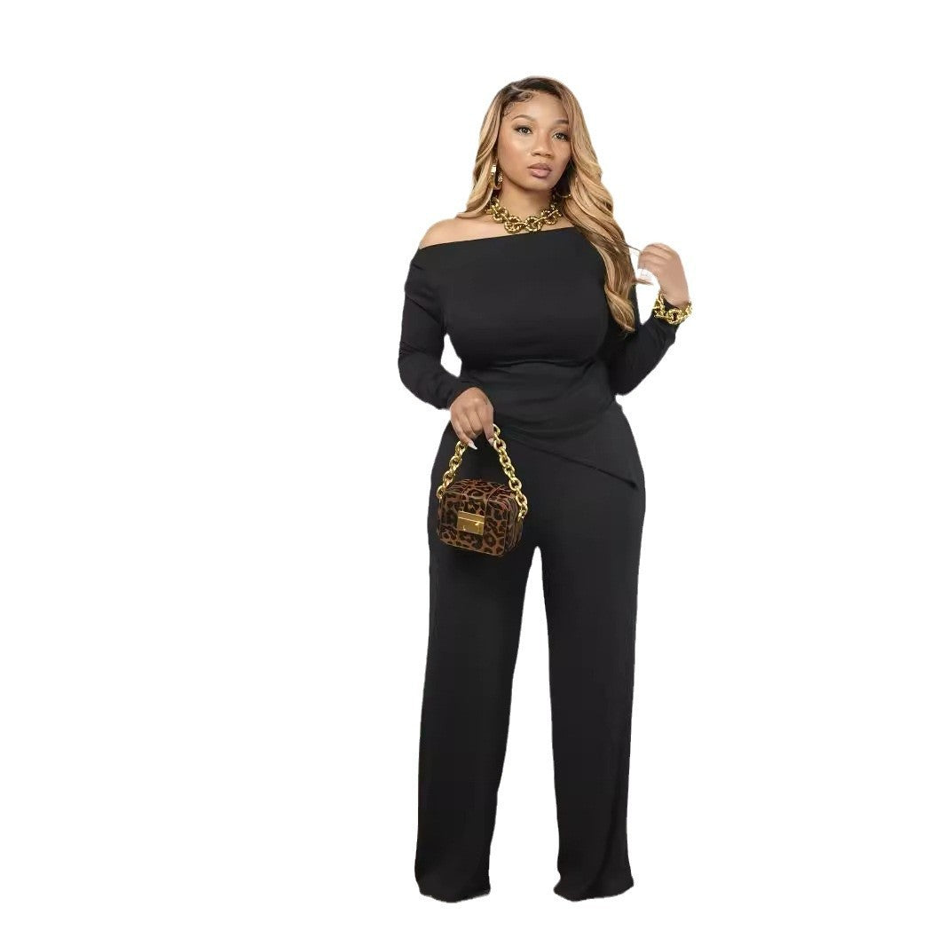 Fashion solid color irregular off-shoulder one-shoulder suit pants slim fit casual two-piece suit