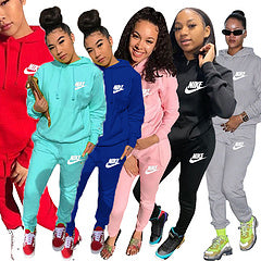 New European and American women's fashion casual hooded embroidered two-piece suit