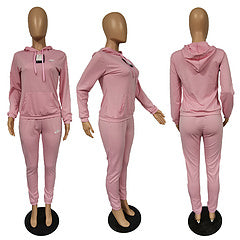 New European and American women's fashion casual hooded embroidered two-piece suit