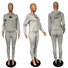 New European and American women's fashion casual hooded embroidered two-piece suit
