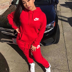 New European and American women's fashion casual hooded embroidered two-piece suit